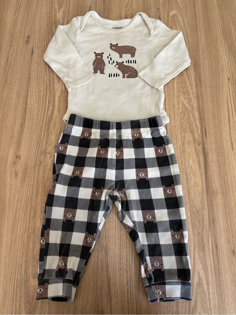 Pekkle 12M bear onesie & buffalo check pants set